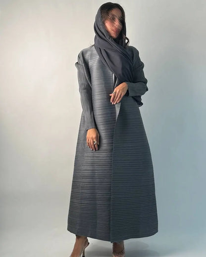 Women's Fold Miyake Pleated Abaya Long Sleeve Print Foldable Collar Robe Cardigan Coat New Winter Fashion Original Design 2024 - Smarsty