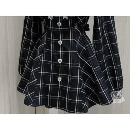 Harajuku Sweet Bow Black Plaid Dresses All-match Slim Fit Kawaii Lolita Dress for Women Autumn New Long Sleeve Vestidos De Mujer - Smarsty