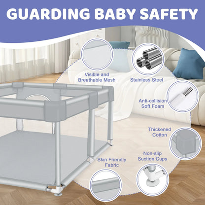 ANGDUO Baby Playpen 50*50 Inch Baby Play Yard With Soft Breathable Mesh Play Fence Infant Playard For Boy And Girls Light Gray