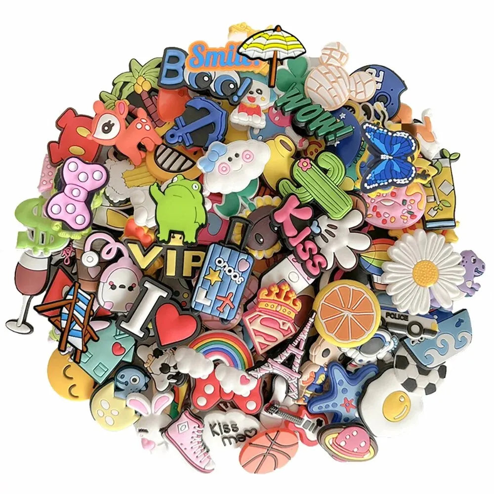 30/90pcs Random Pattern Shoe Charms Set For Clogs Bag Bubble Slides Sandals, PVC Shoe Decorations Beach Bag Accessories Gift