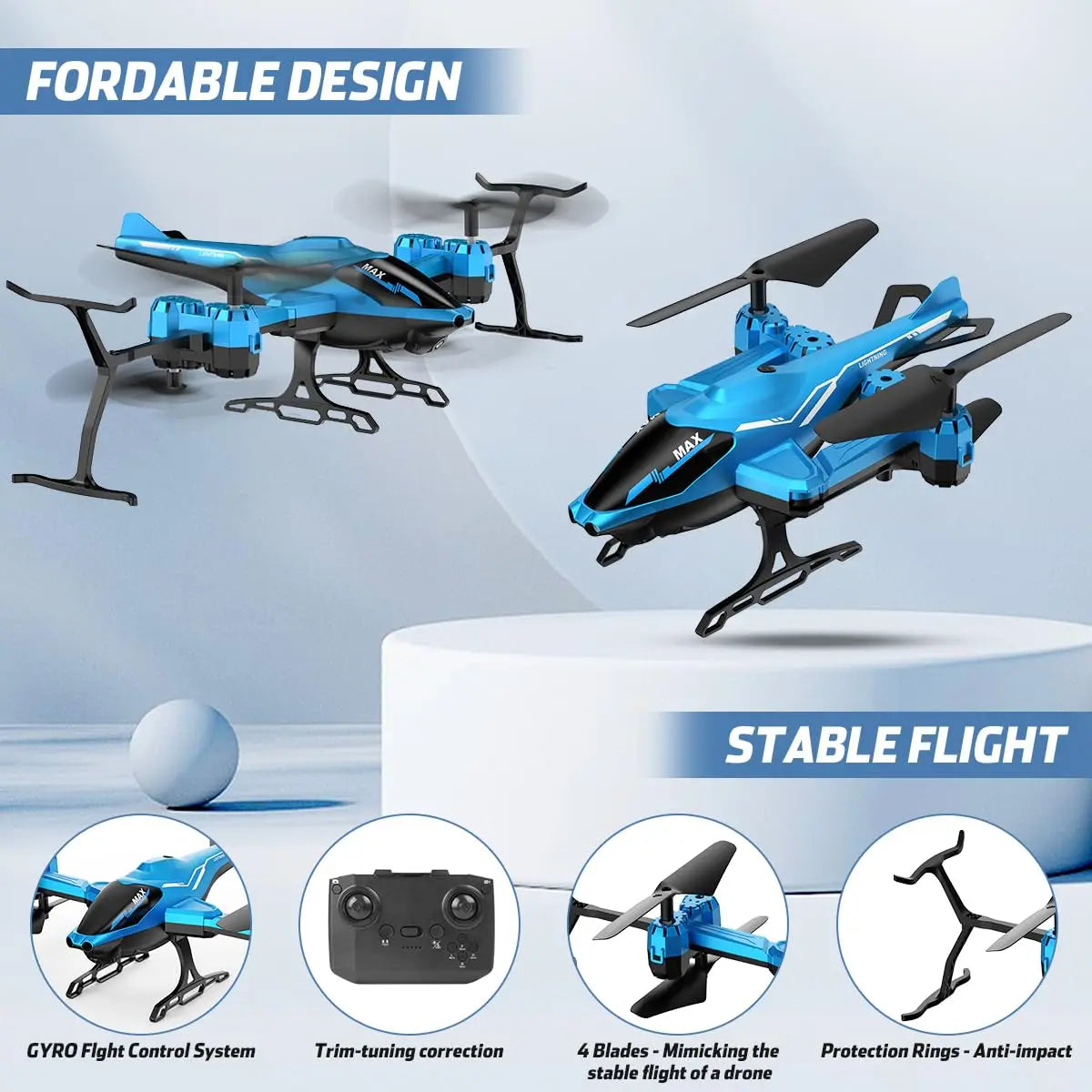VATOS Super All in 1 Remote Control 2.4Ghz RC Helicopter 360° Flip Obstacle Avoidance Night Light Toy Christmas Gift Kids Adults