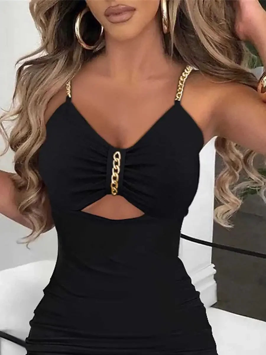 Women Side Split Chain Hollow Sheath Sleeveless V-neck High Waist Sexy Sexy Slim Dress
