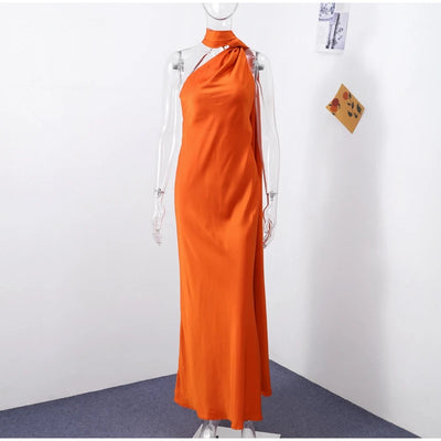 Sexy Satin Ribbon Party Dress Women Elegant Halter Backless Off Shoulder Sleeveless Female Dresses 2024 Summer Solid Robe Gown - Smarsty
