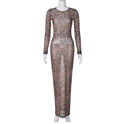 Hugcitar Leopard Print Mesh Long Sleeve Sexy Slim  See Through Maxi Dress Fall Women Fashion Outfits Beach Vacation Club - Smarsty