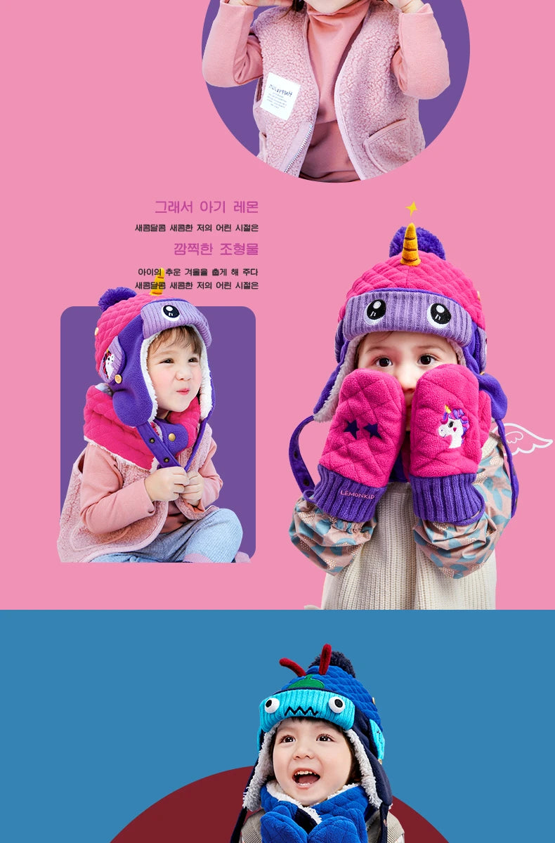 Kids Winter Hat Scarf Set Dinosaur Unicorn Style Gear - Smarsty