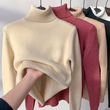 Turtleneck Winter Sweater Women Elegant Thicken Velvet Lined Warm Sueter Knitted Pullover Slim Tops Jersey Knitwear Jumper New - Smarsty