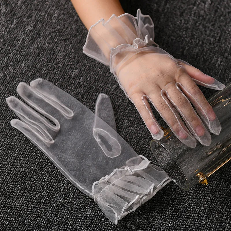 Women Lace Tulle Gloves Stretchy Full Finger Wedding Gloves - Smarsty