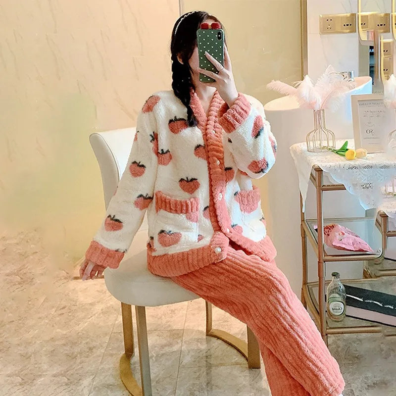 Padded and Thickened Warm Flannel Women Pajamas Loungewear Winter Peach Sleepwear Homewear Coral Velvet Two-Piece Set Nightwear - Smarsty