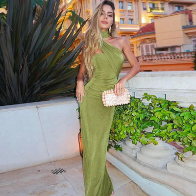 Hugcitar Halter Solid Sleeveless Backless Ruched Sexy Bodycon Maxi Prom Dress Summer Women Elegant Outfit Evening Party Birthday - Smarsty