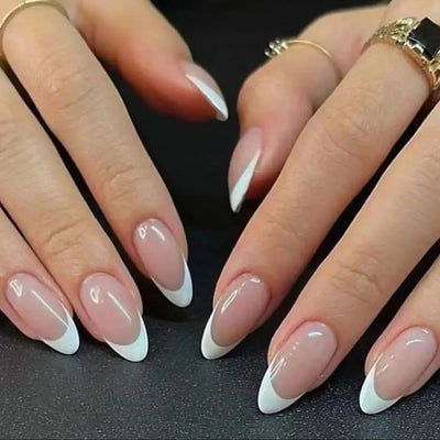 24 Piece Long Almond Press On Nails White French Tip - Smarsty
