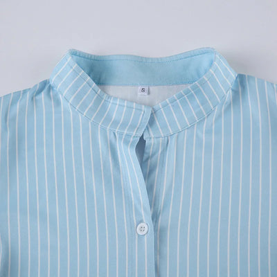 Sweetown Blue Stripe Short Sleeve Shirts For Women Button Up Turn Down Collar Slim Simple Casual Preppy Tops Basic Summer Tees - Smarsty