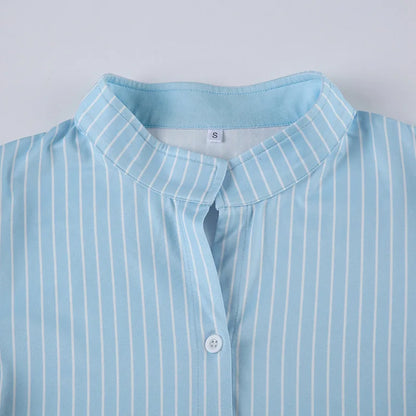 Sweetown Blue Stripe Short Sleeve Shirts For Women Button Up Turn Down Collar Slim Simple Casual Preppy Tops Basic Summer Tees - Smarsty