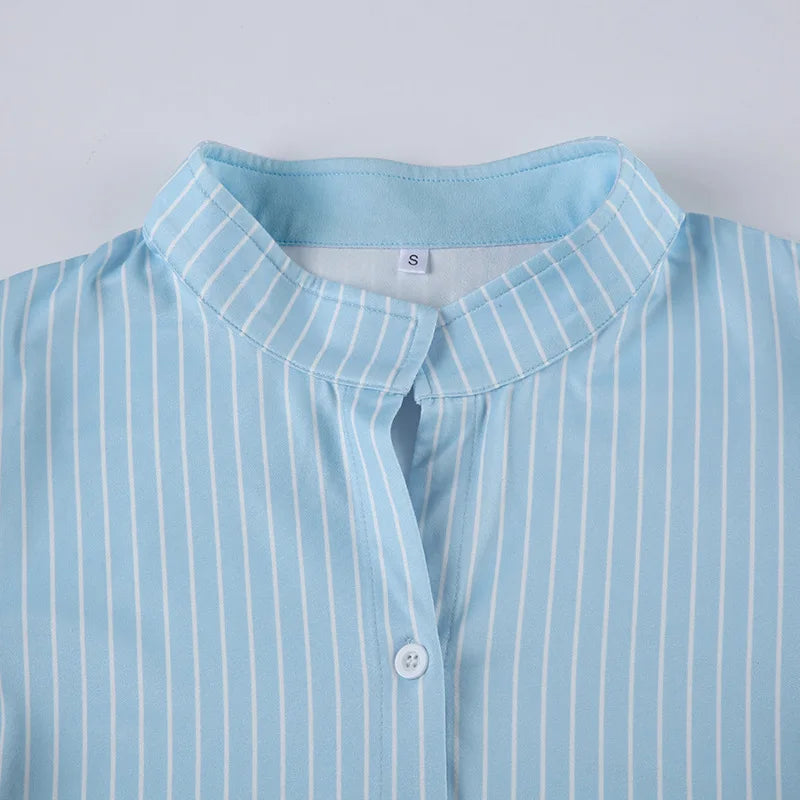 Sweetown Blue Stripe Short Sleeve Shirts For Women Button Up Turn Down Collar Slim Simple Casual Preppy Tops Basic Summer Tees - Smarsty