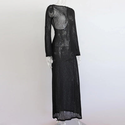 White Backless See-through Long Dress Women's Summer Slim High Waist Spliced Long Sleeve Solid Color Beach Long Dress - Smarsty