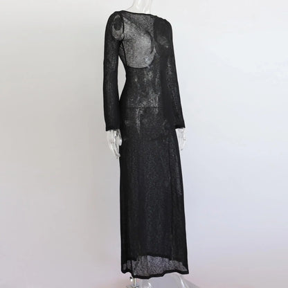White Backless See-through Long Dress Women's Summer Slim High Waist Spliced Long Sleeve Solid Color Beach Long Dress - Smarsty
