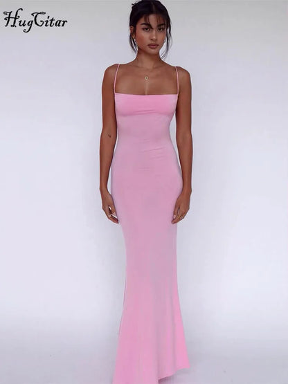 Hugcitar 2025 Spring Solid Sleeveless Backless Elegant Sexy Bodycon Y2K Maxi Prom Dress Women Clothes Birthday Party Casual Y2K