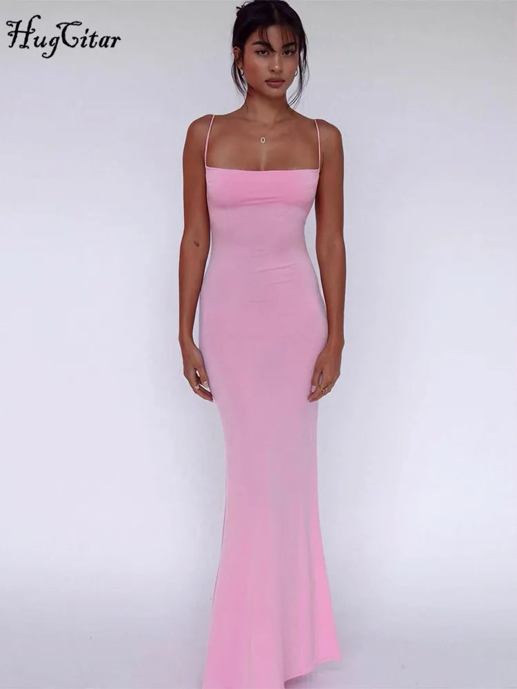 Hugcitar 2025 Spring Solid Sleeveless Backless Elegant Sexy Bodycon Y2K Maxi Prom Dress Women Clothes Birthday Party Casual Y2K