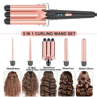 5-in-1 Hair Waver Curling Iron,3 Barrel Hair Crimper with Fast Heating Up - Smarsty