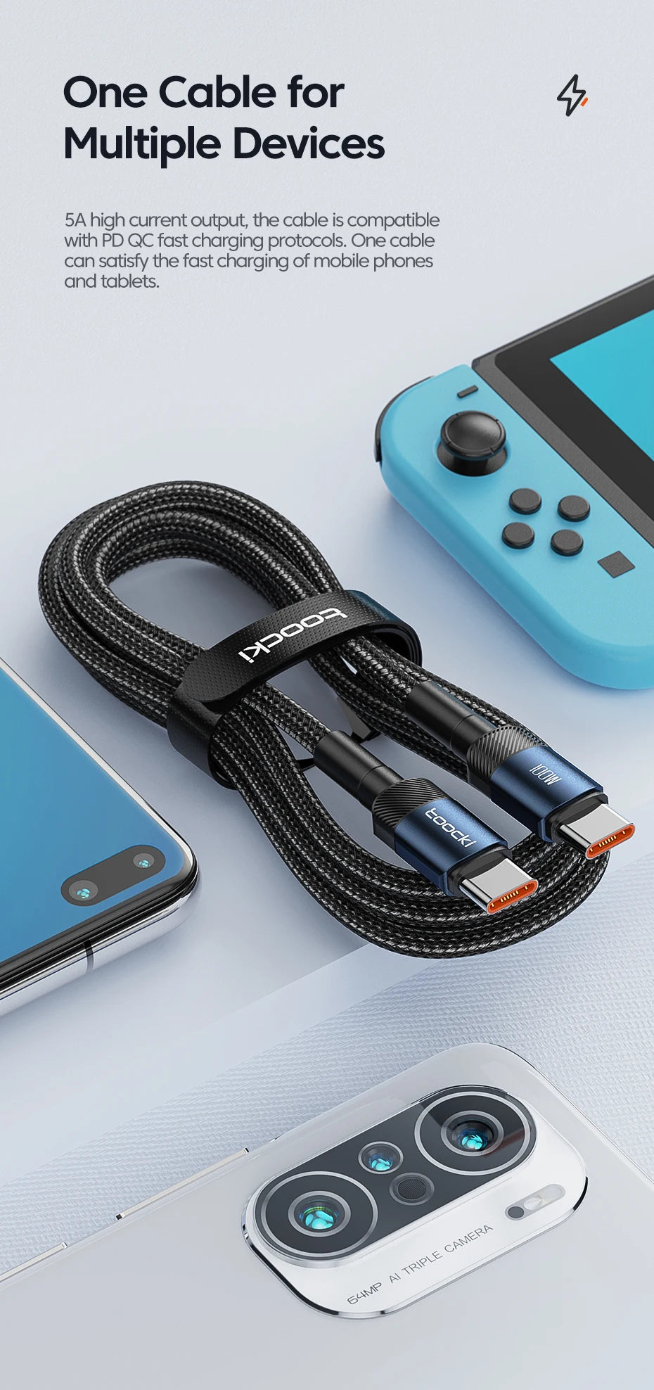 Toocki 60W/100W Type C to USB C Cable PD 3.0 Quick Charge Fast Charging Type C to Type C For Huawei Xiaomi Samsung Laptop - Smarsty