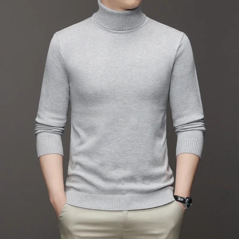 Autumn Mens High Quality Knitted Turtleneck Sweater Slim Fit Long Sleeve Anti-pilling Pullover Solid Color Trend Men Streetwea - Smarsty