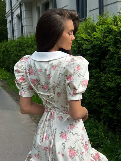 Tornova Print Puff Sleeves Ruffled Dress Women's V-Neck High Waist Pearl Buttons Mini Dress Female Casual Vacation Fashion Dress - Smarsty