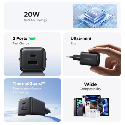 20W GaN USB C Charger PD3 Quick Charge Mini Compact - Smarsty