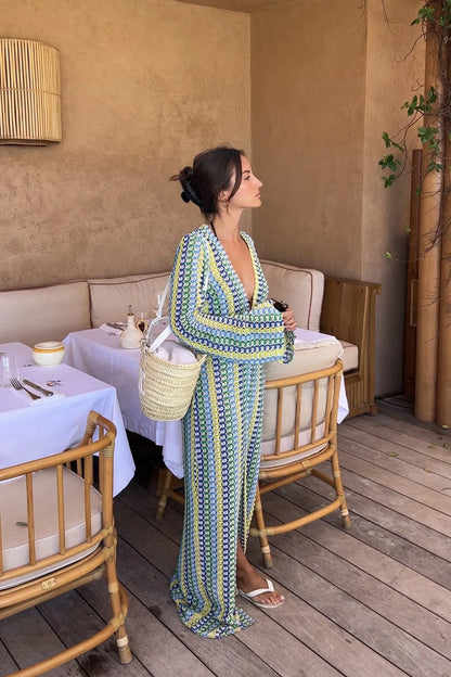 Crochet Colorful Stripe Maxi Dress Women Flare Sleeve V-neck High Split Sexy Long Dresses 2025 New Autumn Beach Banquet Vestidos - Smarsty