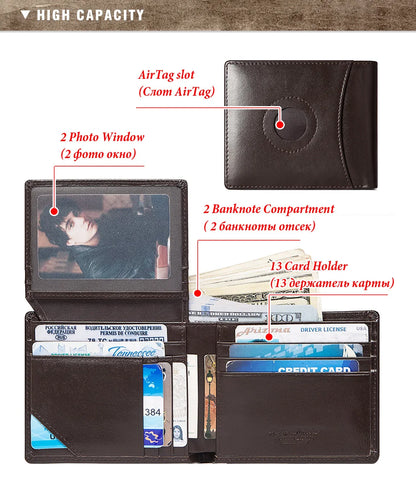 HUMERPAUL Airtag Wallet For Men Real Leather RFID Trifold Card Holder Case with ID Window Slim Anti-lost Purse - Smarsty
