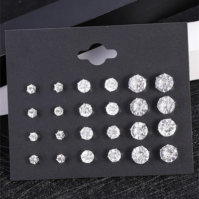 12 Pair White Crystal Wedding Stud Earrings Set - Smarsty