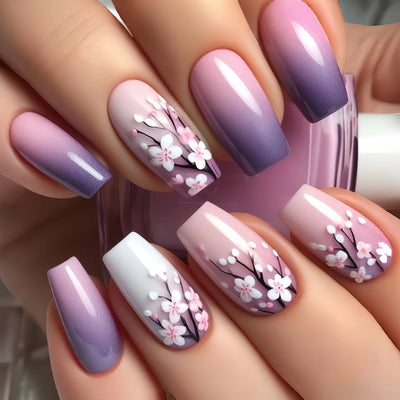 24 Piece Set Medium Long Press On Nails with Peach Flower Design - Smarsty