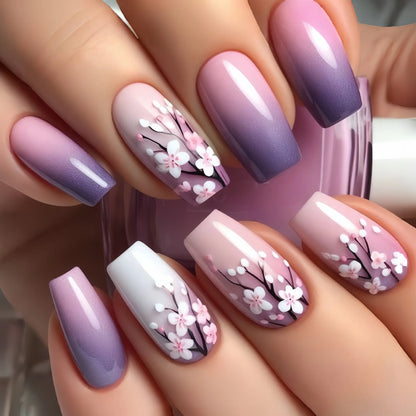 24 Piece Set Medium Long Press On Nails with Peach Flower Design - Smarsty