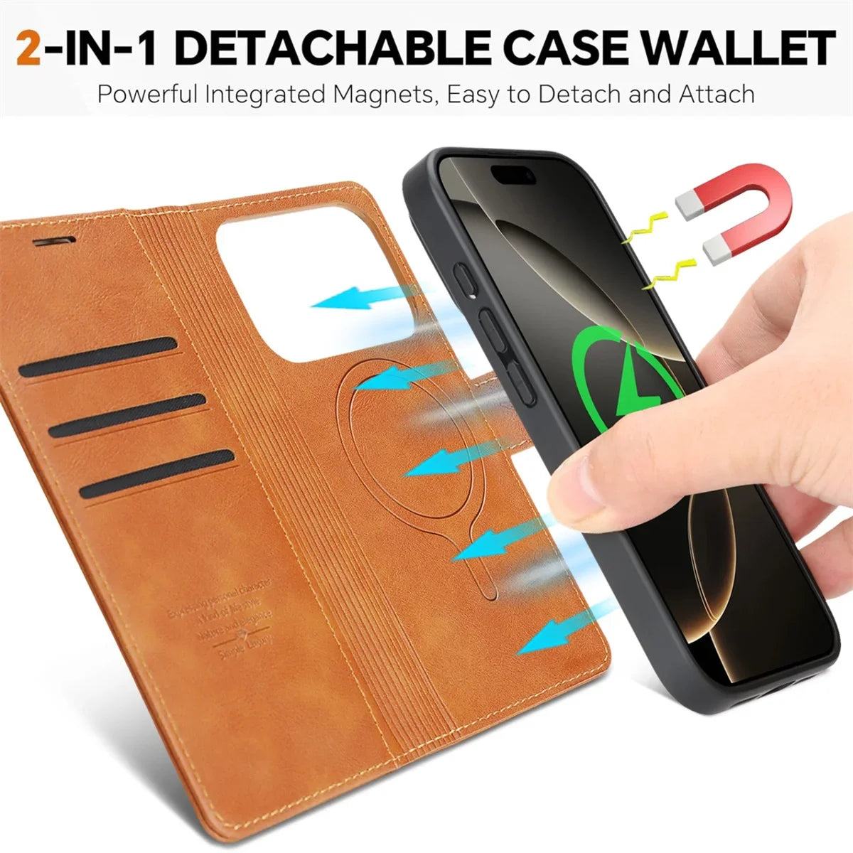 2 in 1 MagSafe Magnetic Leather Phone Case for IPhone 17 Air 16 Pro Max 15 Plus 14 13 12 16E Card Slots Wallet Protective Cover