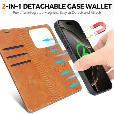 2 in 1 MagSafe Magnetic Leather Phone Case for IPhone 17 Air 16 Pro Max 15 Plus 14 13 12 16E Card Slots Wallet Protective Cover