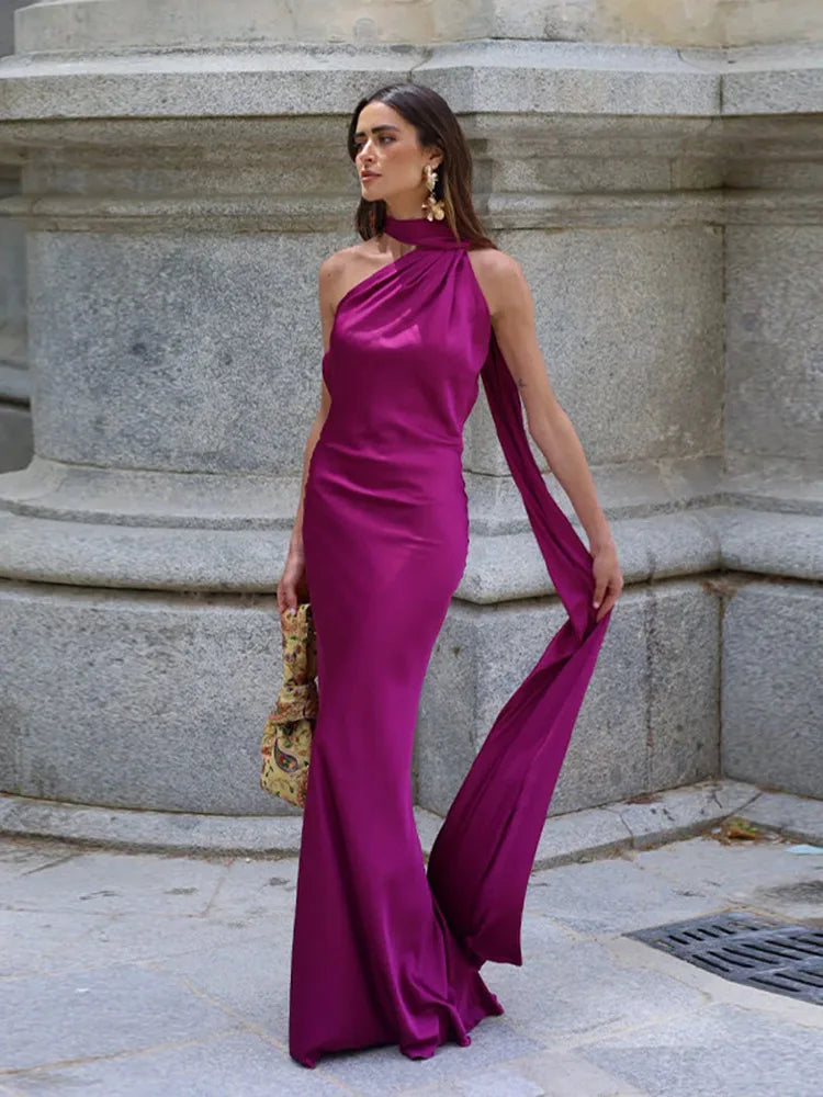 Elegant Women's Ribbon Long Satin Party Dress Halter Backless Sleeveless Female Dresses 2025 Summer Lady Solid Evening Gowns