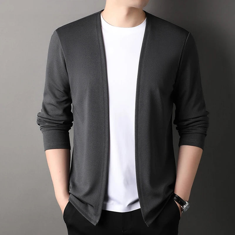 New Slim Fit Cardigan for Men, Thin Spring and Autumn Outerwear, Long Sleeve Casual Trendy Versatile Pure Color Slim Fit Autumn - Smarsty