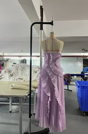 Elegant Purple Halter A Line Prom Gowns Ruffles Tiered Backless Party Gown Summer Vacation Chiffon Long Evening Dress - Smarsty