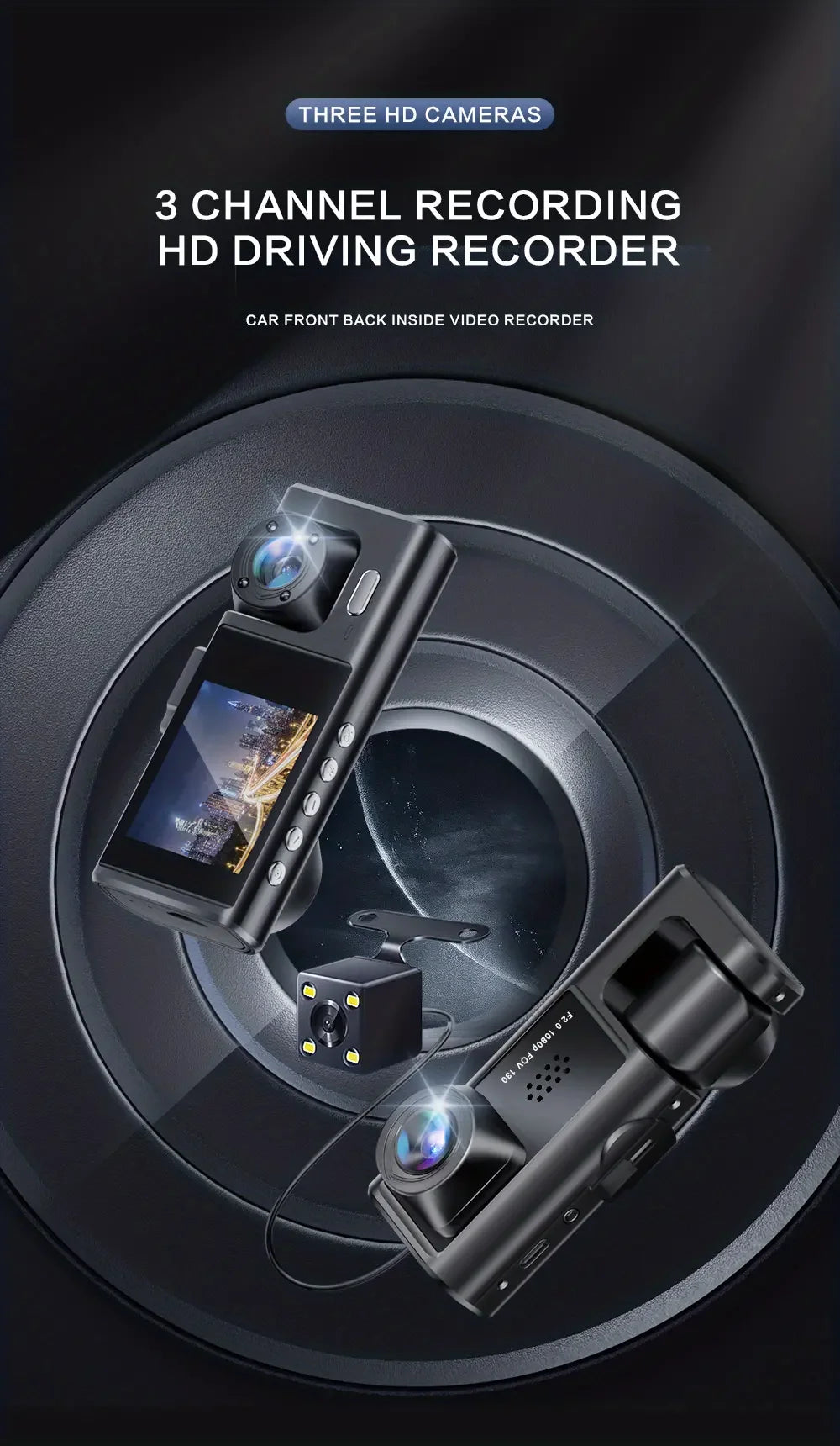 Dash Cam W/ IR Night Vision Loop Recording & 2" IPS Screen 1080P 3 Camera ， DVR recorder, video recorder, Vehicle DVR - Smarsty
