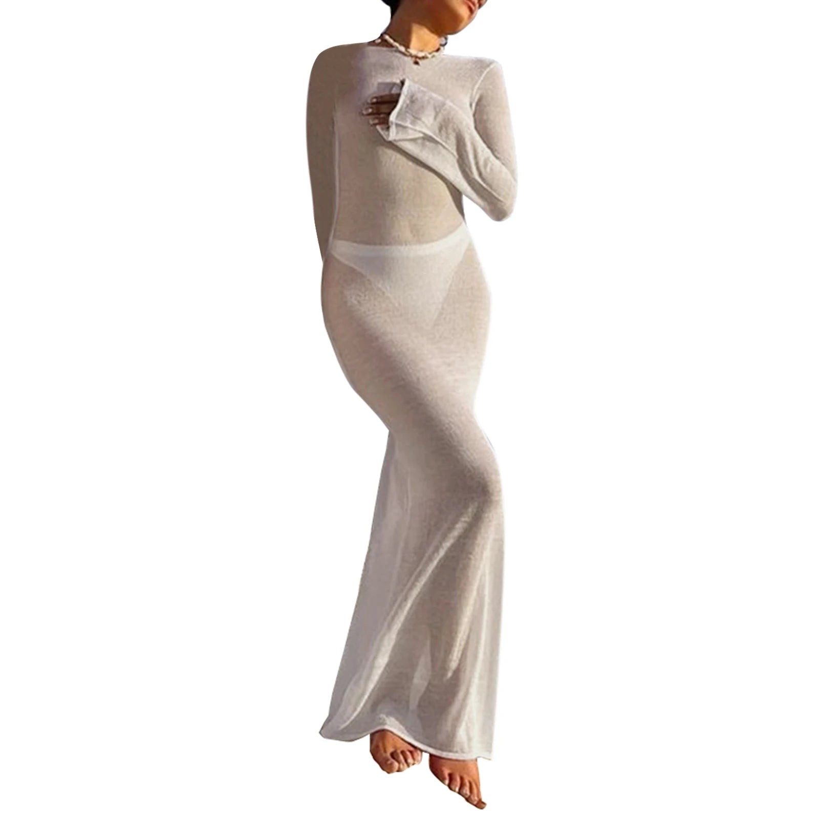 Fashion Women Wrapped Dress Long Sleeve Round Neck See Through Sunscreen Solid Color Backless Beach Long Dress Summer Cover Up - Smarsty