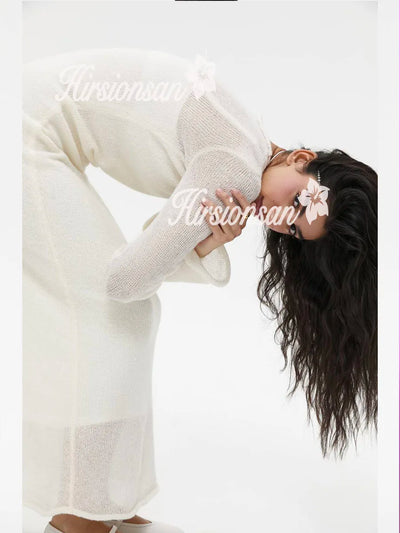 Hirsionsan Spring Autumn O-Neck Elastic Knit Long Dresses Women 2024 Elegant Chic Soft Lady Hollowing Sweater Dresses Femme New - Smarsty