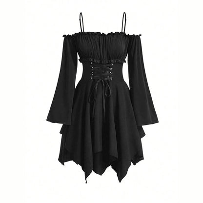 Mia Muse Women's Dresses Autumn Halloween Contrast Color Asymmetrical Hem Flounce Trim Lace Up Long Sleeve Off Shoulder Mini Dre - Smarsty