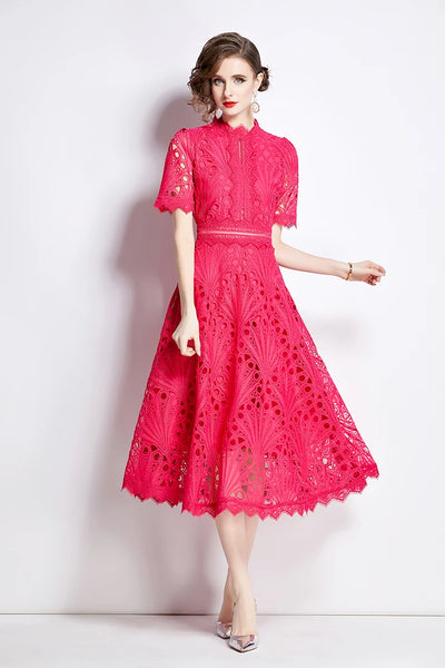 H Han Queen Spring New Elegant Casual Work Party Dresses Floral Crochet Hollow Out Lace Patchwork Casual Office Midi Dress - Smarsty
