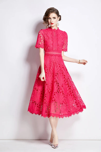 H Han Queen Spring New Elegant Casual Work Party Dresses Floral Crochet Hollow Out Lace Patchwork Casual Office Midi Dress - Smarsty