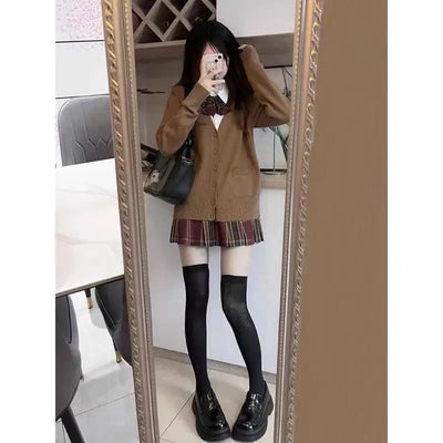 Japanese fashion solid color V-neck knitted sweater,original newJK uniform cardigan top,autumn and winter women's cotton sweater - Smarsty