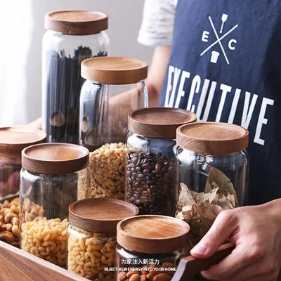1pcs Wood Lid Orgnizer Glass Airtight Canister Kitchen Storage Bottles Jar Sealed Food Container Ginger Cereal Dispenser Set by Smarsty