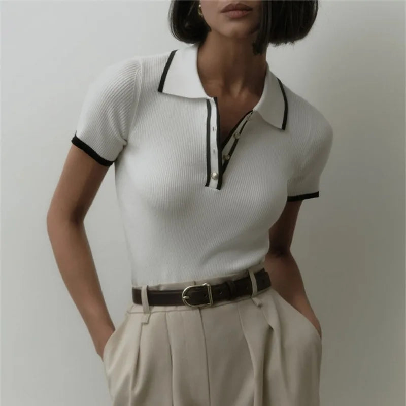 Talenza Women's Knitted Pullover Fashion Short Sleeve Patchwork Sweater Top Elegant Slim Contrast Lapel Knitted Pullover Top - Smarsty