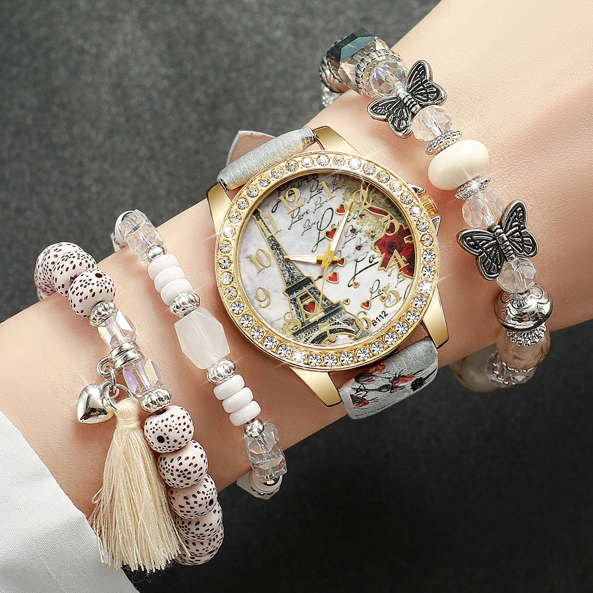 Fashion Rhinestone Women's Quartz Watch Set with Floral Design - Smarsty