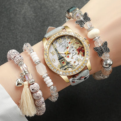 Fashion Rhinestone Women's Quartz Watch Set with Floral Design - Smarsty