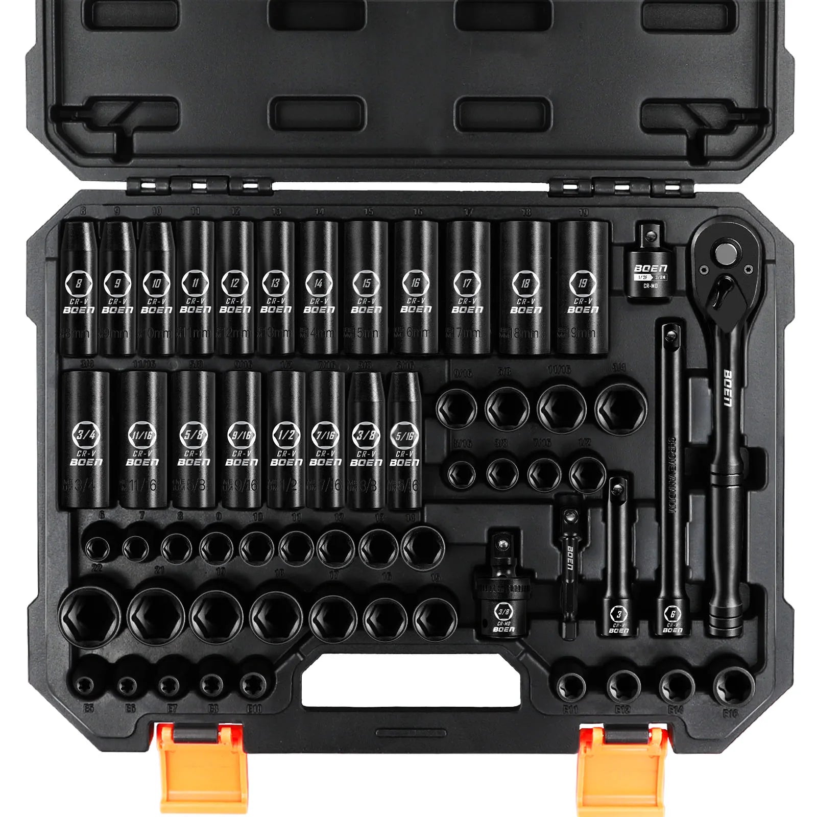 BOEN 3/8" Drive Impact Socket Set, 59-Piece Standard SAE (5/16 to 3/4 inch) and Metric (6-22mm), Include 9-Piece E-Torx Socket