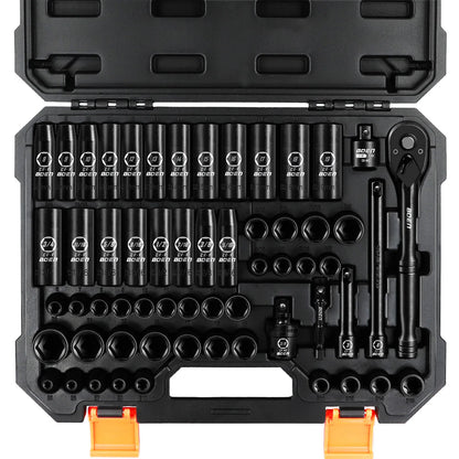 BOEN 3/8" Drive Impact Socket Set, 59-Piece Standard SAE (5/16 to 3/4 inch) and Metric (6-22mm), Include 9-Piece E-Torx Socket
