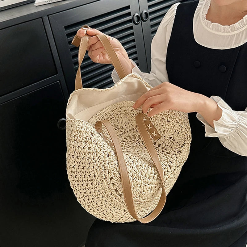 Round Straw Beach Tote for Women Large Capacity Bag - Smarsty
